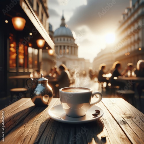 Cup of coffee and a flaky croissant, invitingly arranged on a marble table in a Parisian cafe, bathed in warm morning light, perfect for advertising, editorial, and lifestyle applications. photo