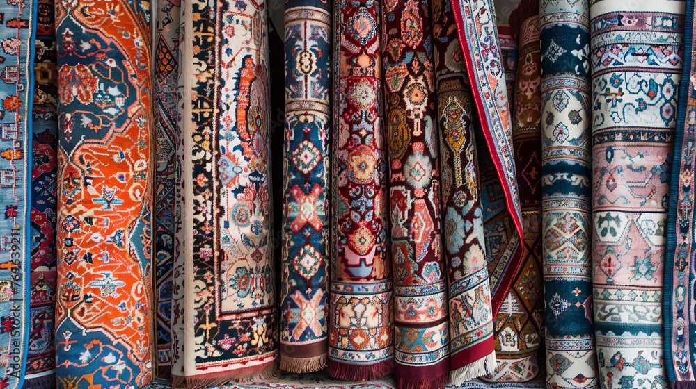 A selection of colorful traditional rugs beautifully displayed, showcasing intricate patterns and craftsmanship