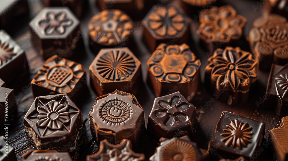 A close-up of artisanal chocolate pralines, each adorned with intricate designs.