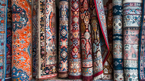 A selection of colorful traditional rugs beautifully displayed  showcasing intricate patterns and craftsmanship