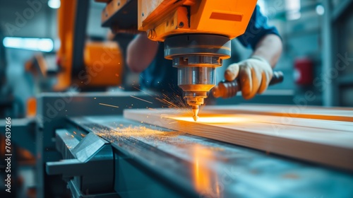 carpenter works wood with modern machines in a large workshop