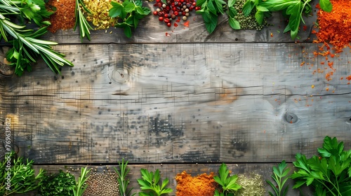 Spices and herbs lie on old wooden boards