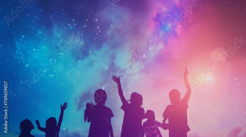 Illustration of silhouettes of a group of children with starry sky background.
