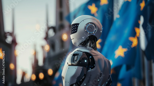 White robot standing on the streets with an eurupean flag in the background. European AI act. AI Generated