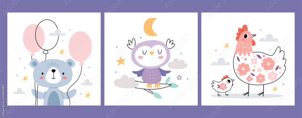 A set of children's illustrations. A bear with balloons, an owl on a tree, a hen with a chicken. A set of children's illustrations. A bear with balloons, an owl on a tree, a hen with a chicken.