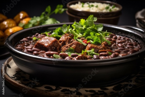 Delicious feijoada on a ceramic tile against a polished cement background