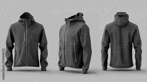 A men's softshell jacket design template, available in front, back, and side views, created with a fully editable handmade mesh in vector format photo