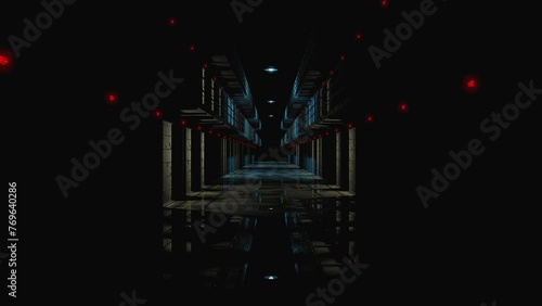Lights turning on sequentially at prison corridor at night. 3d rendering