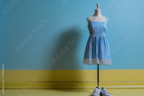 bluestriped summer dress on mannequin, white sneakers at base photo