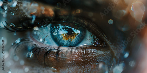 illustration of a woman's eye above the surface of water t surveillance Futuristic pattern of human and animal eyes staring.