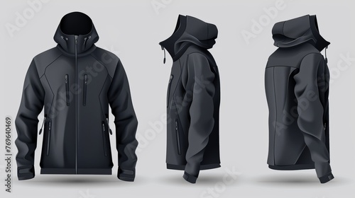 A men's softshell jacket design template, offered in front, back, and side views with a fully editable mesh in vector format photo