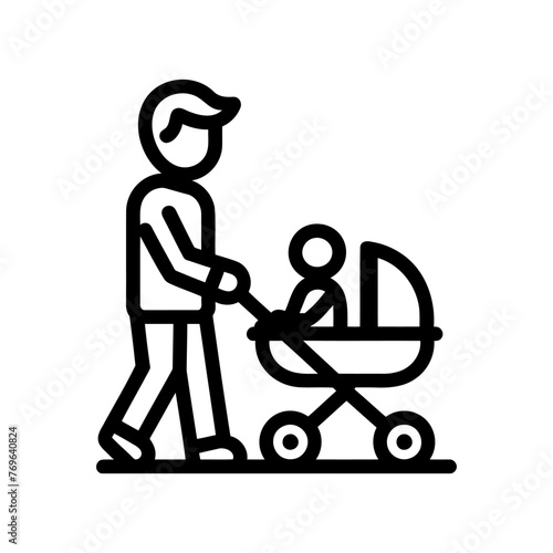 Man on parental leave, male is taking care about child, kid and infant in baby carriage or stroller. Vector illustration on white background