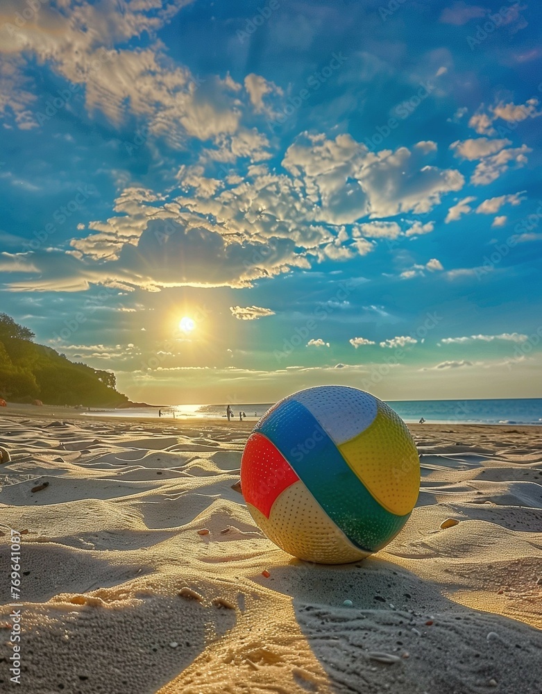 Beach ball on the beach. It’s a beautiful sunny day with blue skies, white clouds, see, and some people in background.