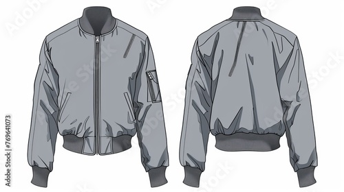 A set of women's zip-up, trimmed bomber jackets, shown in a flat fashion illustration for both front and back views, colored in grey for CAD mock-ups photo
