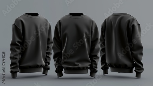A sport jacket or long-sleeved black sweatshirt, presented in a 3D vector mockup model from various views
