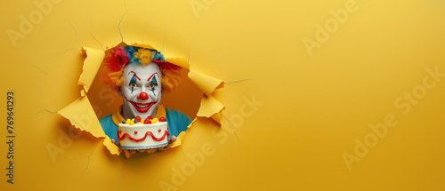 An amusing clown character in a colorful costume coming through a torn yellow paper background with a decorated cake