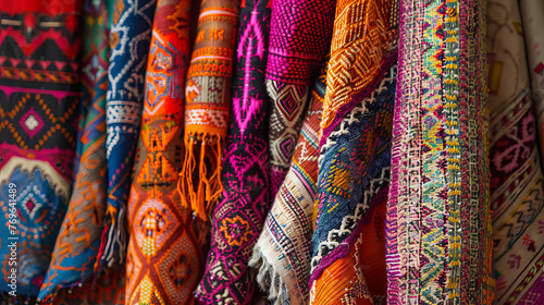 The photograph captures a range of brightly colored fabrics with detailed ethnic patterns and designs