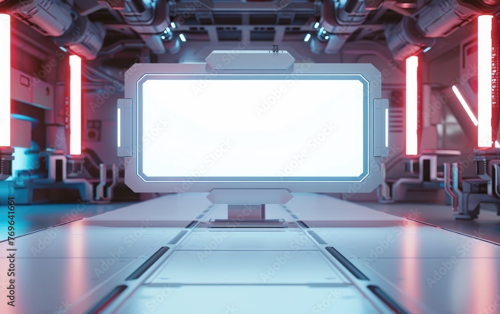 White-Screen Mockup Monitor, Isolated in a Futuristic Sci-Fi Setting,Isolated Futuristic Sci-Fi Monitor, Copy Space, Generative Ai