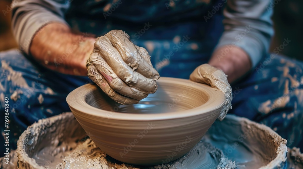Potter hand shaping clay on a pottery wheel