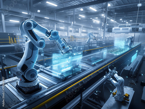 Industrial robots at the automated manufacturing factory 