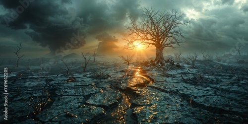 Dramatic scene of a barren land with a dead tree under a stormy sky at sunset, symbolizing climate change