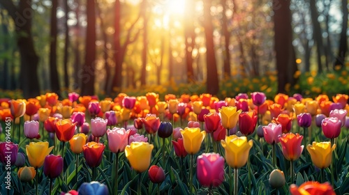 A vibrant field of colorful tulips basking in the sunlight, creating a beautiful and enchanting scene of natures artistry #769642651