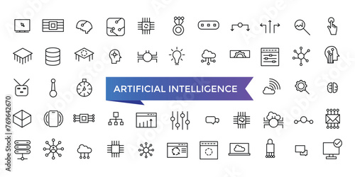 Artificial intelligence icon collection. machine learning, data science, AI, virtual assistant, generative AI, technology. Line vector icons set.