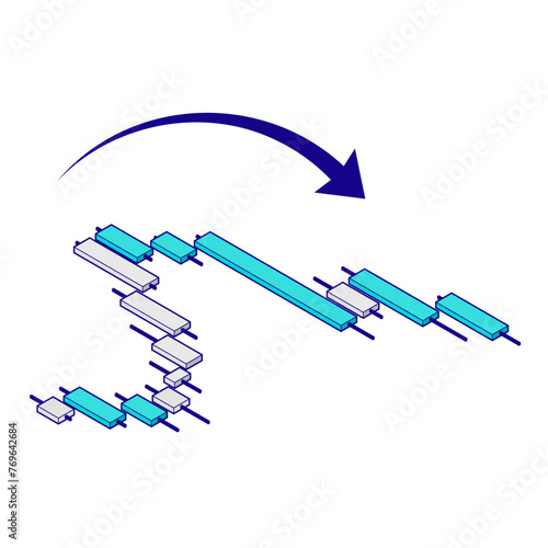 右肩下がりの下落チャートのアイソメトリックイラスト。FX、投資素材、上面法、主線あり。