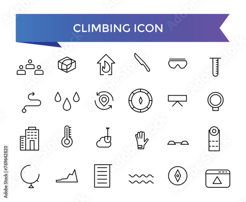 Climbing icon collection. climb, mountains, hiking, ladder, rope, alpinist, climber and more. Line vector icons set.