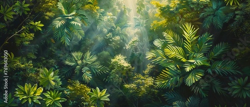 Rainforest canopy  oil painting style  monkeys playing  lush afternoon  high angle.
