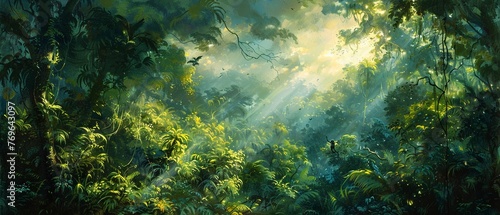 Rainforest canopy  oil painting style  monkeys playing  lush afternoon  high angle.