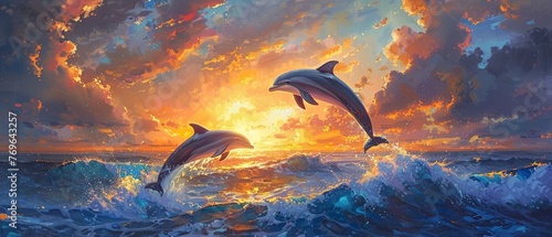 Ocean horizon, oil painting, dolphins leaping, sunset glow, telephoto perspective. © Thanthara