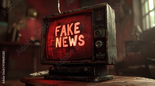 A striking red sign labeled Fake News is prominently displayed on a wooden table, serving as a reminder to be cautious of deceptive information in media photo