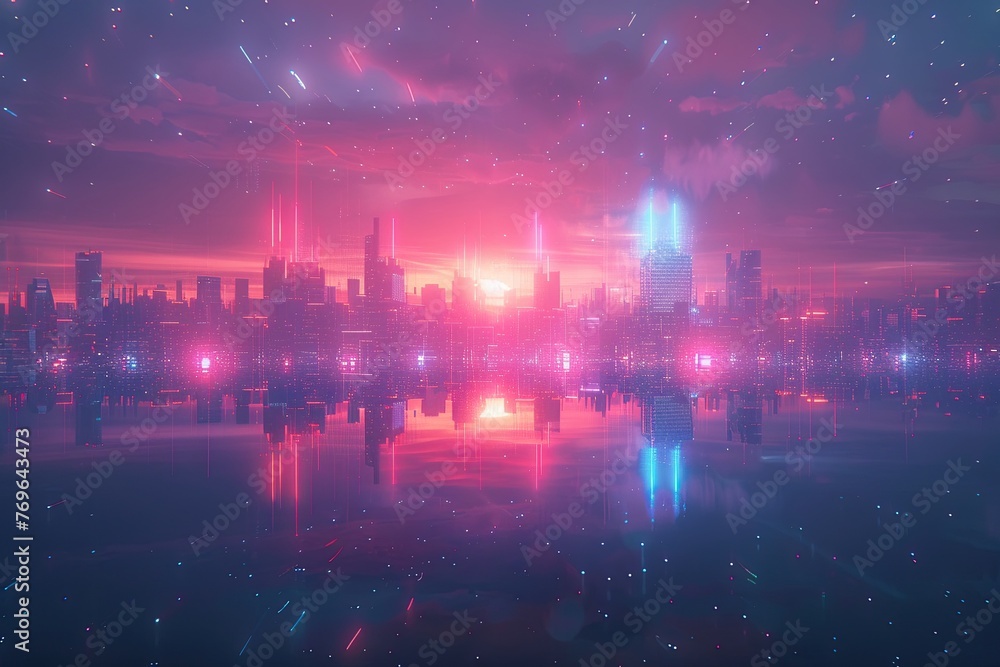 Obraz premium Purple and blue, digital cyber towers, futuristic cityscape, starry sky ,professional color grading,soft shadowns, no contrast, clean sharp,clean sharp focus, digital photography,