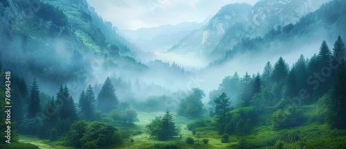 Mountain valley, oil painting style, misty morning, soft light, wide angle view.