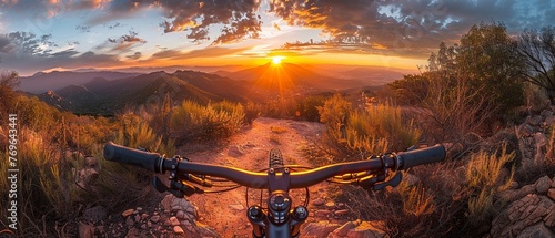 Mountain biking, oil paint style, rugged trail, dynamic sunset, wide angle shot. photo