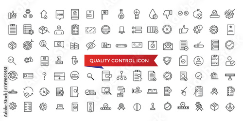 Quality control icon collection. evaluation, product, quality assurance, process, testing and more. Line vector icons set.