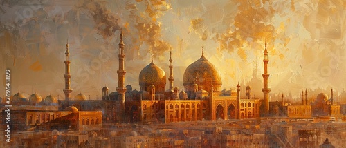 Grand mosque, oil painted, intricate minarets, golden hour, medium focal length.