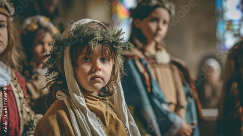 Traditional Nativity play, with children dressed as biblical characters, in a community church setting