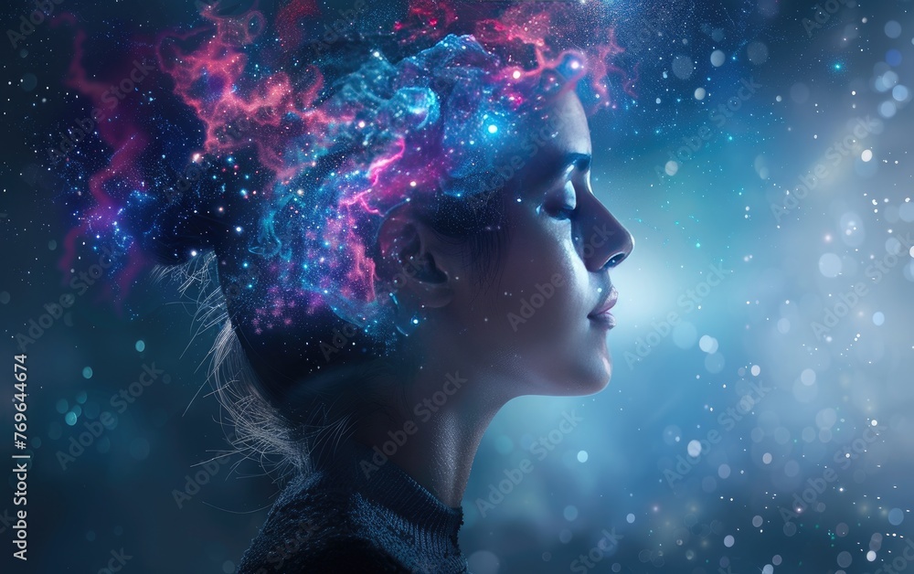 Exploring the Essence, A Woman's Portrait with Celestial Imagery,A Woman's Profile Amidst Cosmic Elements, Copy Space, Generative Ai