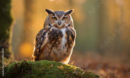 Owl perched on a mossy log in a forest  bathed in the golden light of sunset. The serene and calm atmosphere is enhanced by the soft lighting.