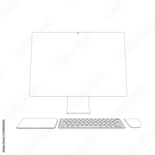Monitor PC mockup. Outline thin frame monitor or PC with mouse and keyboard isolated on white background. Contour for web site, presentation, or advertising. Vector monitor, keyboard, computer mouse