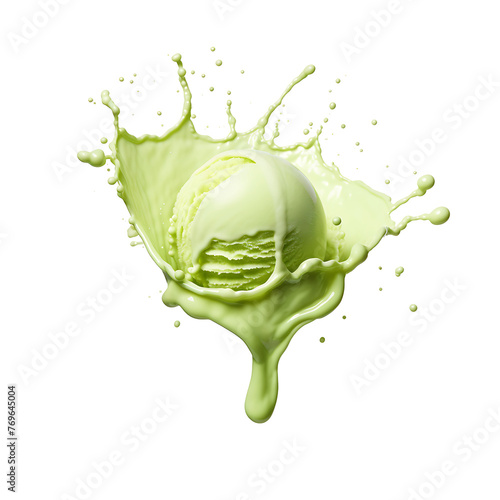  Green Ice cream scoop or ball with splash levitating and flying, isolated on white background. Front view - PNG © Rana