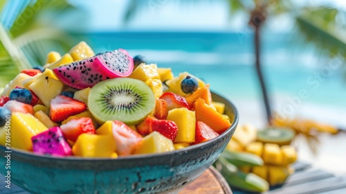 Tropical fruit bowl at sea beach © thesweetsheep