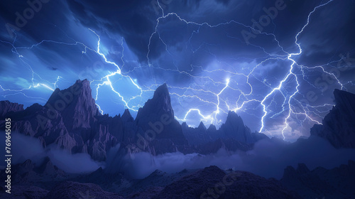 Majestic Lightning: A Dramatic Storm Sweeps over Mountain Peaks photo