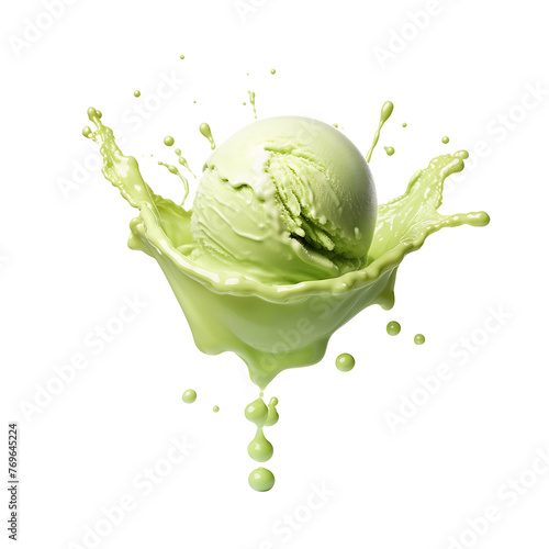  Green Ice cream scoop or ball with splash levitating and flying, isolated on white background. Front view - PNG © Rana
