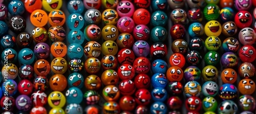 Colorful close up of diverse emoji balls showcasing a range of emotions for vibrant displays