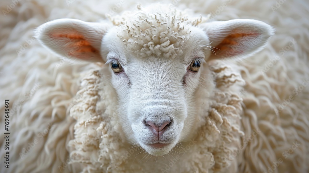 Close-up of a fluffy lamb's face with innocent eyes, epitomizing the endearing nature of farm animals.