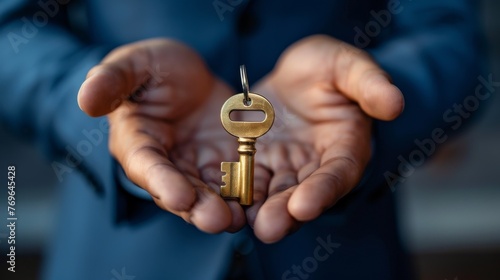 Close-up of an entrepreneur's hands holding a key, symbolizing unlocking opportunities for business growth and success.