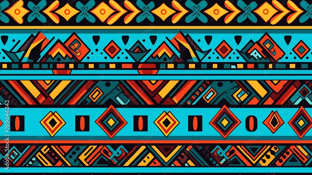 Vibrant Tribal Motifs: A Seamless Texture with Colorful Patterns
Vibrant Tribal Motifs: A Seamless Texture with Colorful Patterns